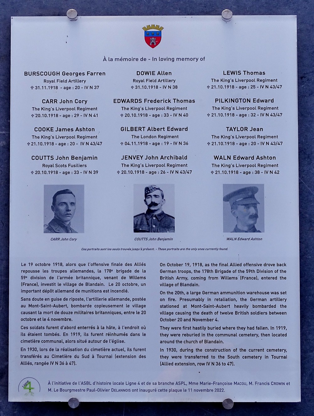 inauguration plaque 12 soldats anglais blandain